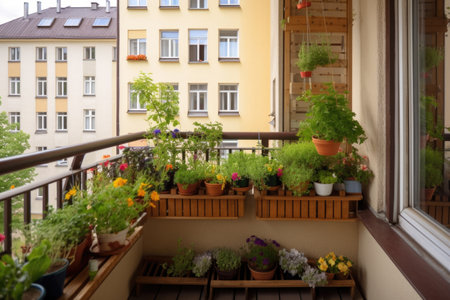 balcony with window garden of herbs, flowers, and vegetable plants, created with generative aiの素材
