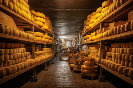 wide-angle view of expansive cheese cellar, created with generative aiの素材