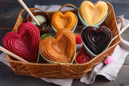 heart-shaped churros basket filled with different flavors of dipping sauces, created with generative aiの素材