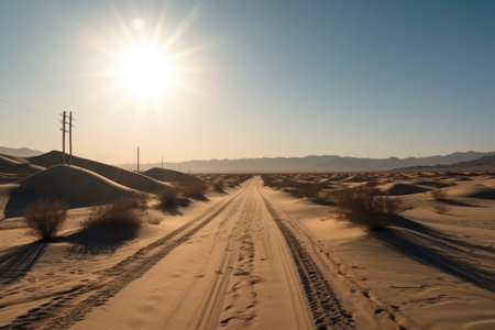 scenic road trip through the desert, with endless sand dunes and warm sun, created with generative aiの素材
