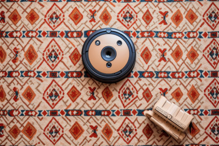 top view of robot vacuum on a patterned carpet, created with generative aiの素材