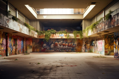 graffiti-covered walls inside a vacant mall, created with generative aiの素材