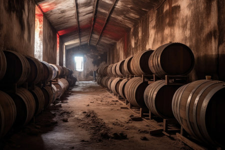 row of old barrels in a dusty wine cellar, created with generative aiの素材