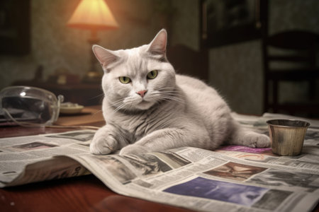 cat stretching next to a morning newspaper and reading glasses, created with generative aiの素材