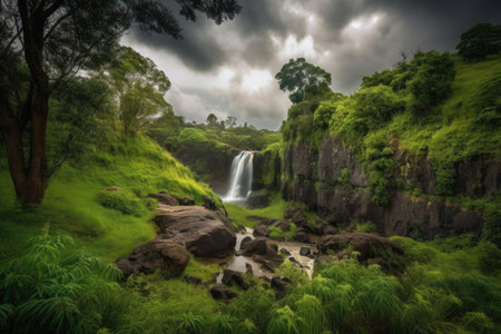 waterfall surrounded by lush green foliage and dramatic skies, created with generative aiの素材