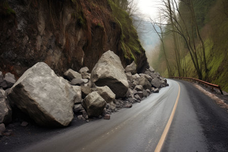 massive boulders blocking mountain road post-mudslide, created with generative aiの素材