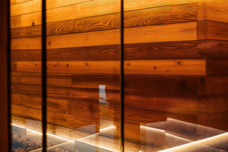 close-up of wooden paneling, with reflections and textures visible, created with generative aiの素材