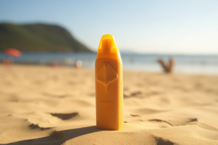 close-up of sunscreen bottle on sandy beach, created with generative aiの素材