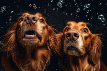 close-up of water droplets flying off dogs fur, created with generative aiの素材