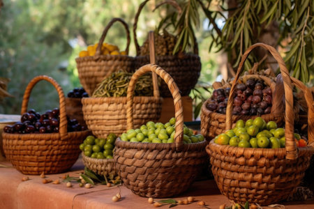traditional wooden olive baskets filled with olives, created with generative aiの素材