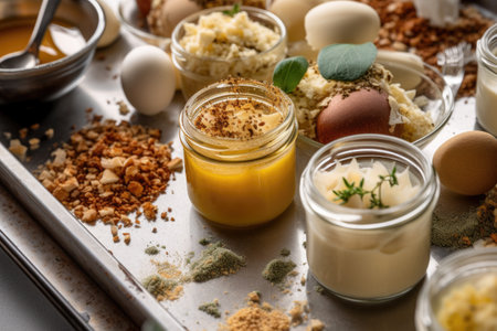 a close-up of individual ingredients in a deconstructed recipe, to highlight their unique flavors and textures, created with generative aiの素材