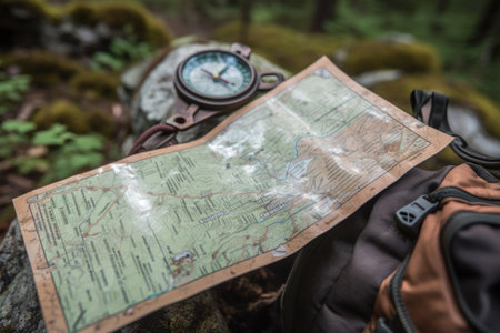 close-up of trail marker with detailed map, created with generative aiの素材