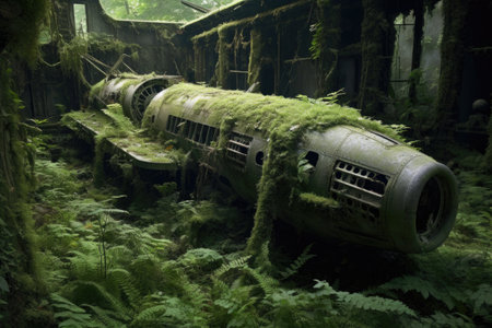 overgrown vines creeping up a weathered spacecraft, created with generative aiの素材