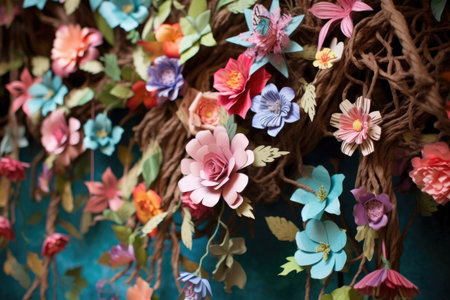 paper flower garland hanging from an enchanted tree branch, created with generative aiの素材