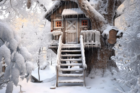 snowy treehouse door ajar, inviting exploration, created with generative aiの素材