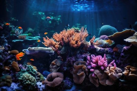 marine life aquarium with tropical fish swimming among colorful corals, created with generative aiの素材