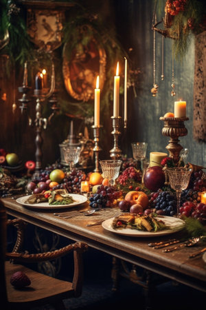 festive table setting with candles and holiday decor, created with generative aiの素材