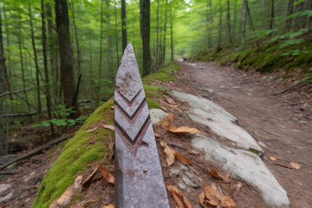 close-up of trail marker with arrow pointing the way forward, created with generative aiの素材