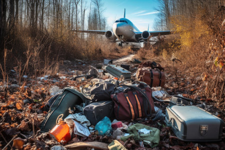 scattered luggage and personal items at crash site, created with generative aiの素材