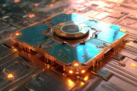 futuristic bionic neural chip on a circuit board, created with generative aiの素材