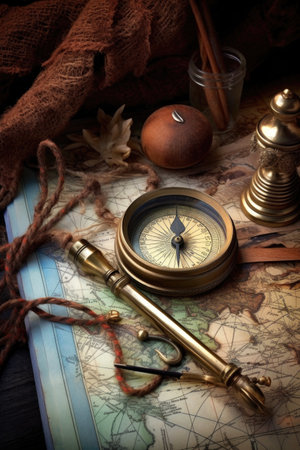 compass with a magnifying glass and old map, created with generative aiの素材