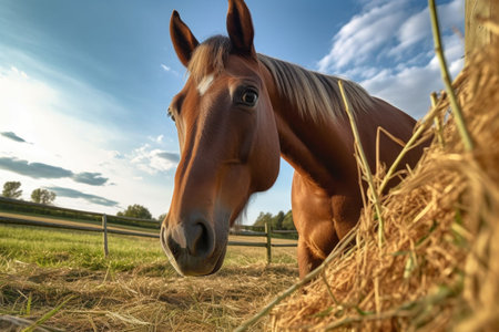 wide-angle view of horse enjoying hay in field, created with generative aiの素材
