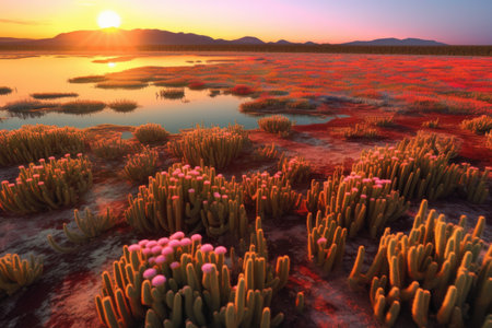 aerial view of a blooming cactus field at sunset, created with generative aiの素材