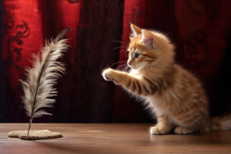kitten swatting feather with paw on table, created with generative aiの素材