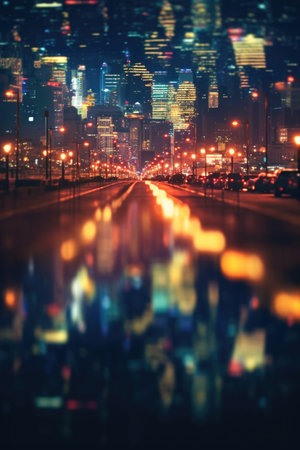 blurred city lights creating a bokeh effect at night, created with generative aiの素材