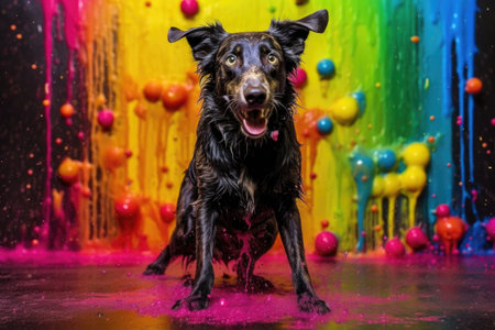 wet dog shaking with colorful water droplets in the background, created with generative aiの素材