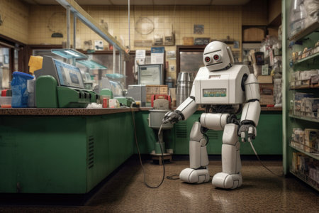 robot maintaining cleanliness at checkout area, created with generative aiの素材