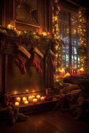 fireplace with stockings hung and a warm festive glow, created with generative aiの素材