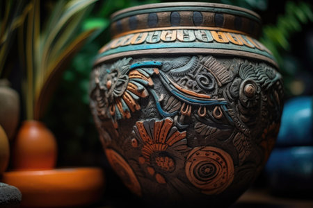close-up of intricately painted ancient clay pot, created with generative aiの素材