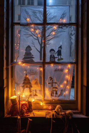 frosty window with festive drawings and fairy lights, created with generative aiの素材