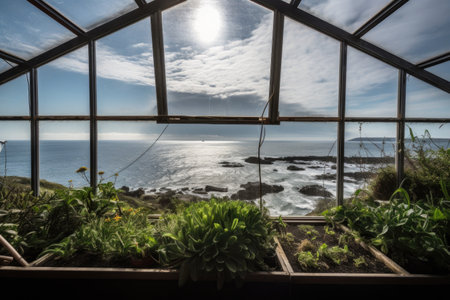 greenhouse with view of the ocean, waves rolling in, created with generative aiの素材