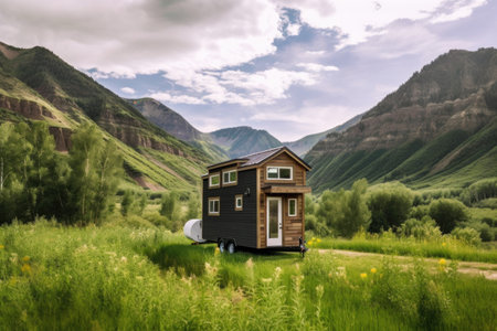 tiny house on wheels surrounded by lush greenery and mountains in the background, created with generative aiの素材