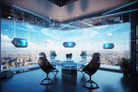 virtual meeting room, with view of futuristic cityscape, and flying cars in the sky, created with generative aiの素材