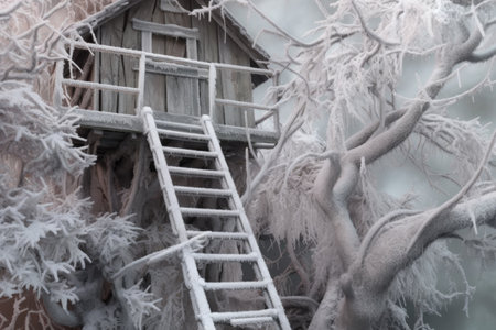 frosty, weathered treehouse ladder close-up, created with generative aiの素材