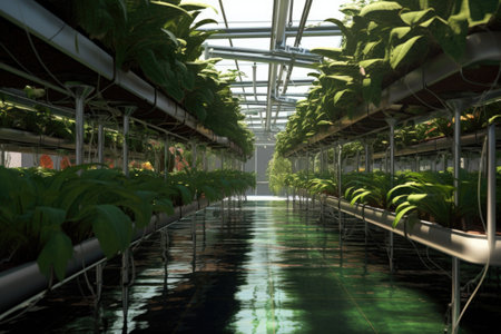 automated drip irrigation system in a hydroponic farm, created with generative aiの素材
