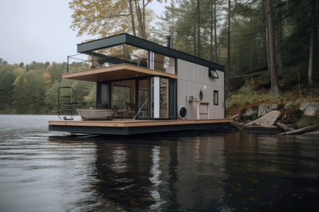 tiny house perched atop platform or stand to give the illusion of floating, created with generative aiの素材