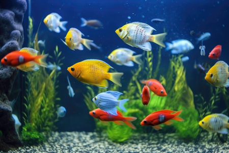 school of tropical fish swimming in tranquil aquarium, created with generative aiの素材