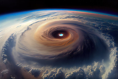 view of tropical cyclone from outer space, with planets and stars in the background, created with generative aiの素材