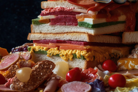close-up of sandwich toppings sprinkled on bread, created with generative aiの素材