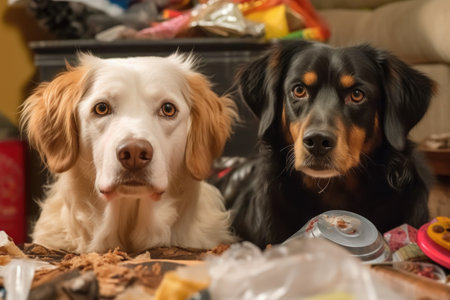 close-up of dogs guilty face near messy trash, created with generative aiの素材