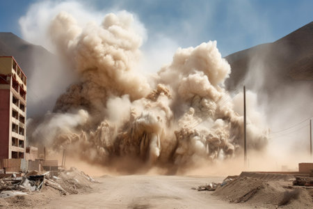 dust and smoke rising from a collapse site, created with generative aiの素材