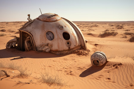 vintage spacecraft half-buried in a sandy desert, created with generative aiの素材