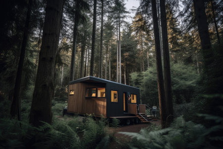 tiny house in forest, surrounded by trees and wildlife, created with generative aiの素材