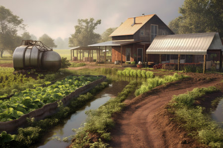 rainwater collection system in an organic farm setting, created with generative aiの素材