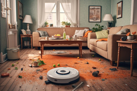 robot vacuum cleaning under a sofa in a living room, created with generative aiの素材