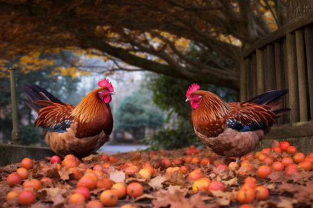 hens pecking amongst fallen autumn leaves in a garden, created with generative aiの素材